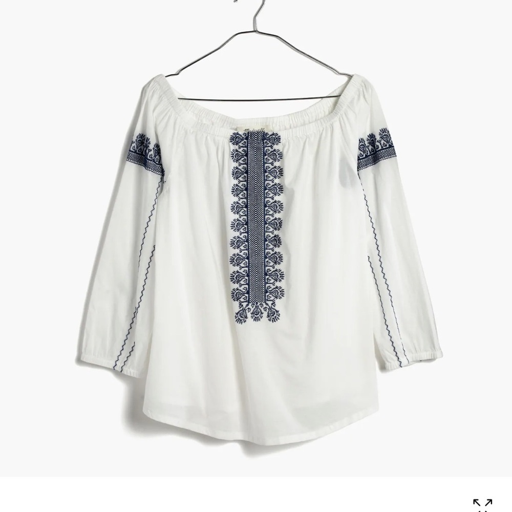 Madewell Folklore White and Cream Off-the-ShoulderEmbroidered Blouse Relaxed Fit